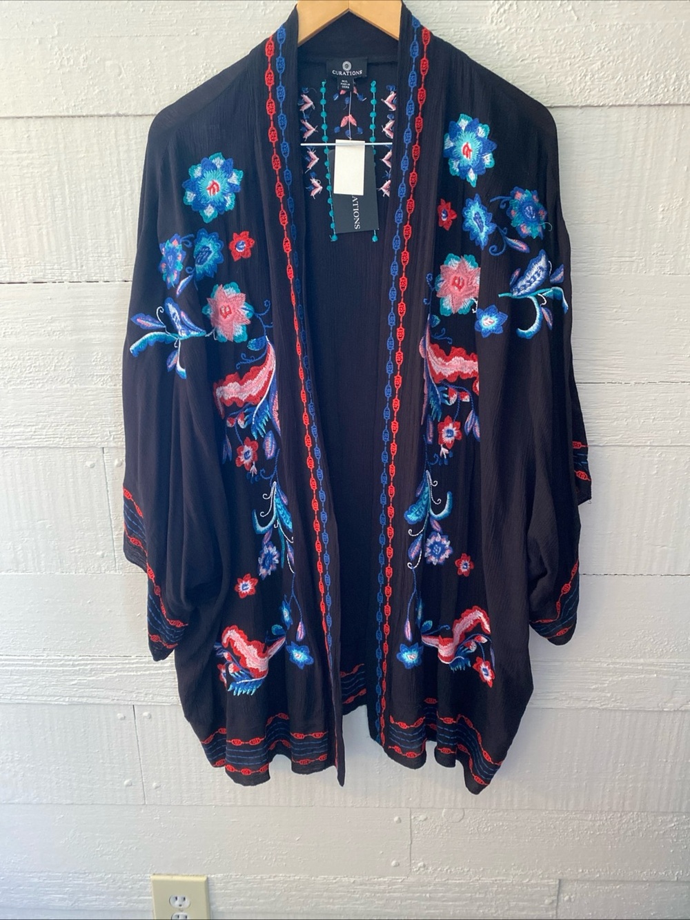 NWT Curations Black  Open Kimono Tunic Embroidered Multi-colored Viscose M/L